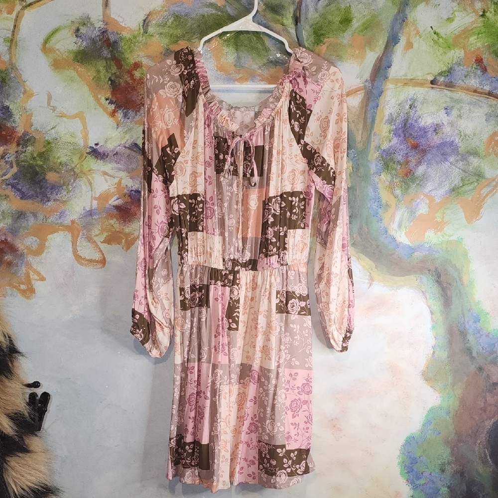 Pink & Brown Patchwork Print Lantern Sleeve Sundress